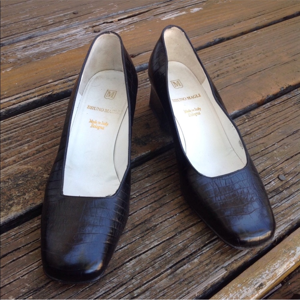 Bruno Magli Dark Brown Croc-Embossed Leather Pumps